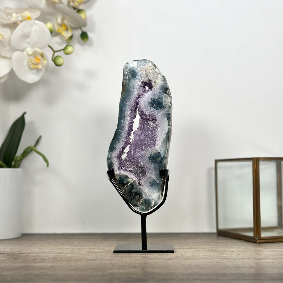 Natural Agate &amp; Amethyst Stone Slice Portal on Stand - MWS3009