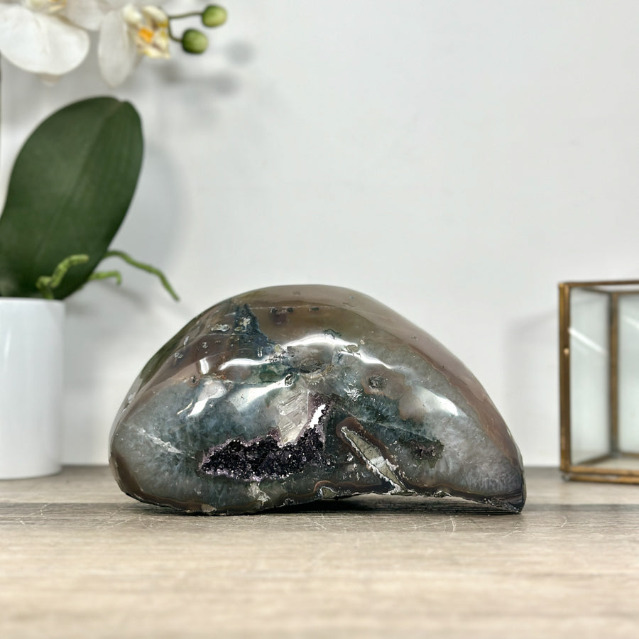 Amethyst &amp; Quartz Stone Geode with Druzy Center - STGE0020