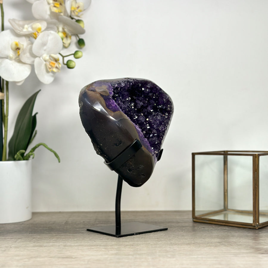 Natural Amethyst Geode with Agate Shell and Metallic Stand - MWS2464