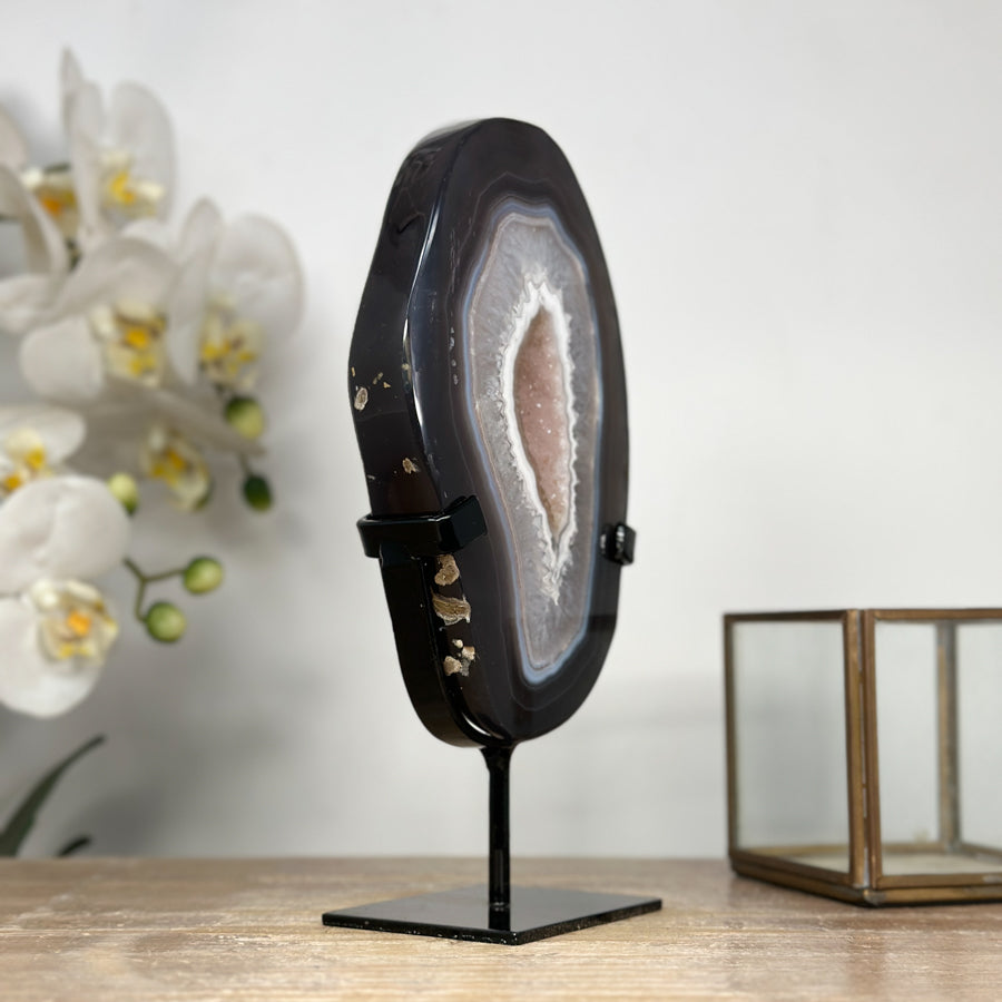 Blue Agate Polished Slice with Metal Stand – Uruguayan Gemstone for Shelf or Altar - MWS2002