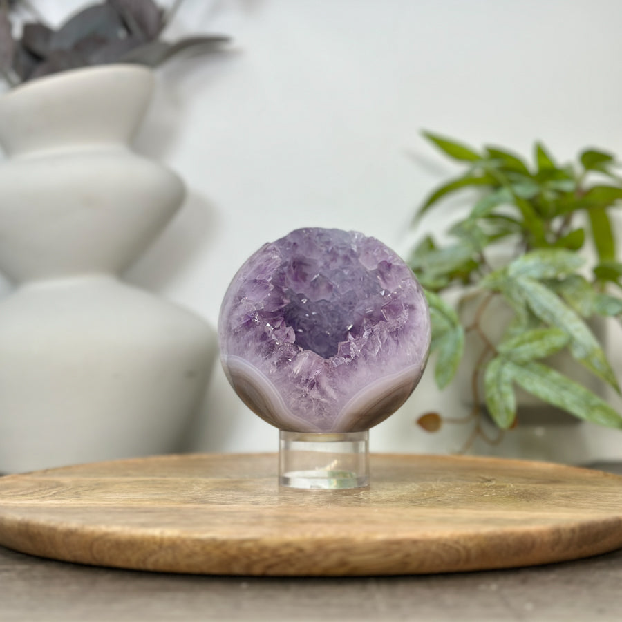 Amethyst &amp; Blue Banded Agate Sphere Geode with Crystal Cavity - SPH0177