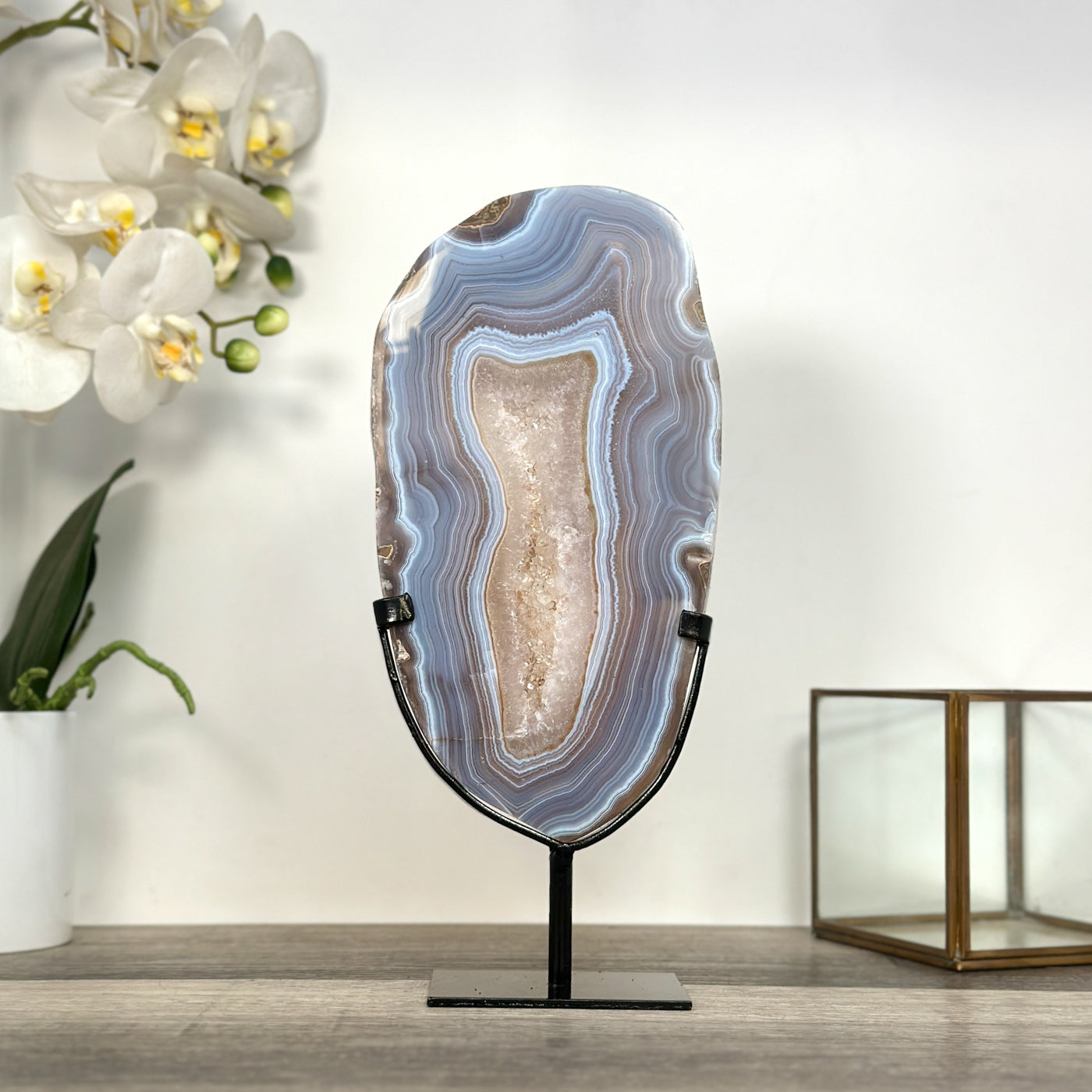 Blue Banded Agate Slice on Stand – Home Decor Display Specimen - MWS2663