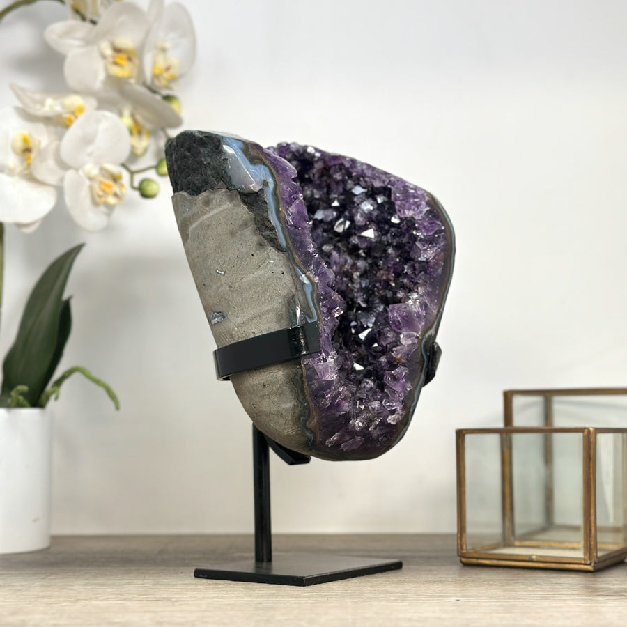Beautiful Amethyst Geode with Blue Agate Shell - Custom made Metal Stand Included