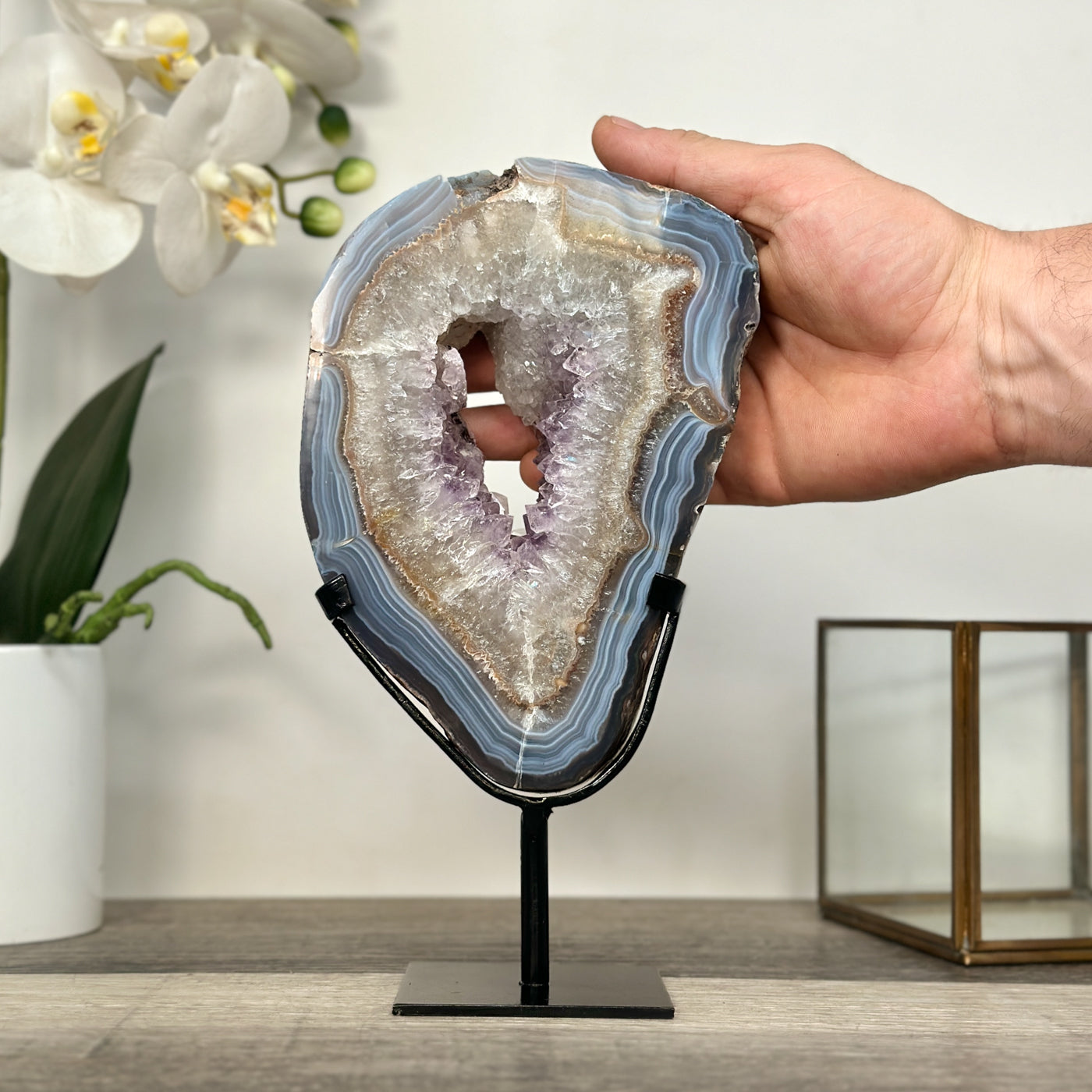Blue Banded Agate and Amethyst Geode Slice - MWS2654