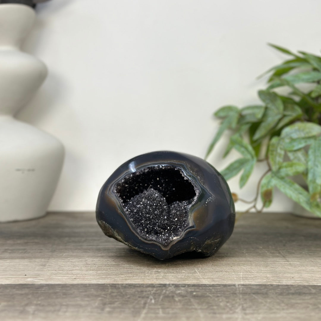 Polished Agate Stone Geode with Black Quartz Druzy - STGE0059
