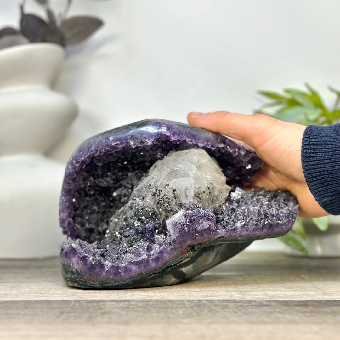 Natural Uruguayan Amethyst Geode with Calcite Formation Covered with Sugar Quartz Crystals - CBP1412