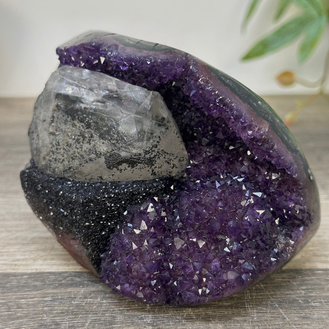 Natural Amethyst Geode with Calcite &amp; Black Hematite Inclusion - STGE0058