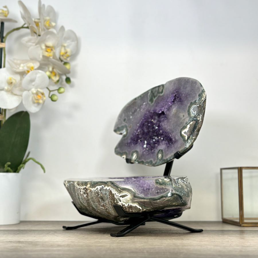 Large Amethyst &amp; Green Jasper Jewelry Box on Metal Stand - MWS2993