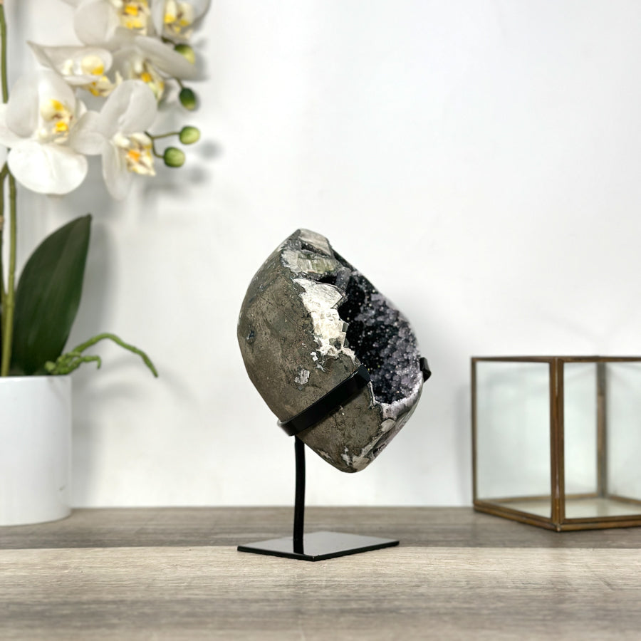 Black Quartz Druzy Geode on Metal Stand - MWS2725