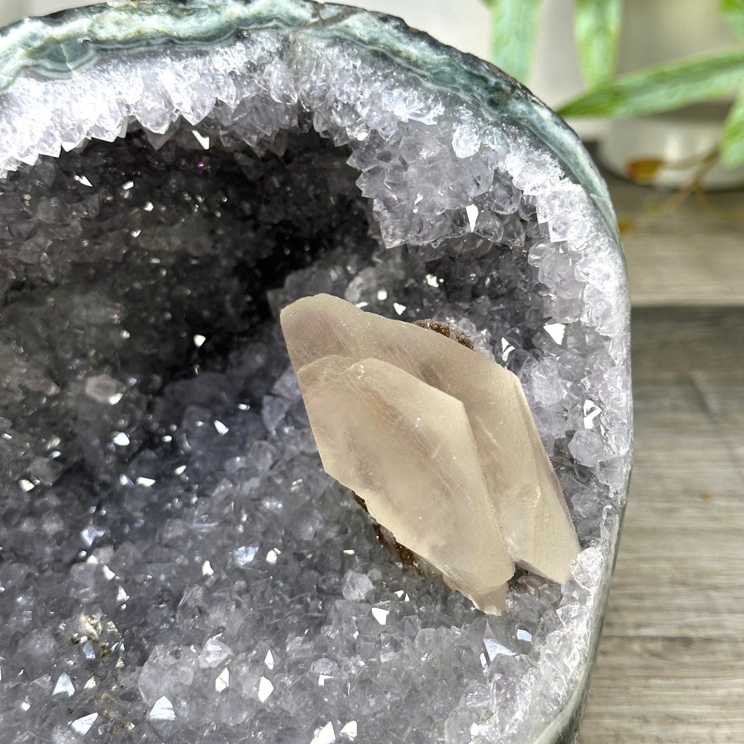 Natural Quartz &amp; Green Jasper Stone Geode with Calcite Formation - STGE0031