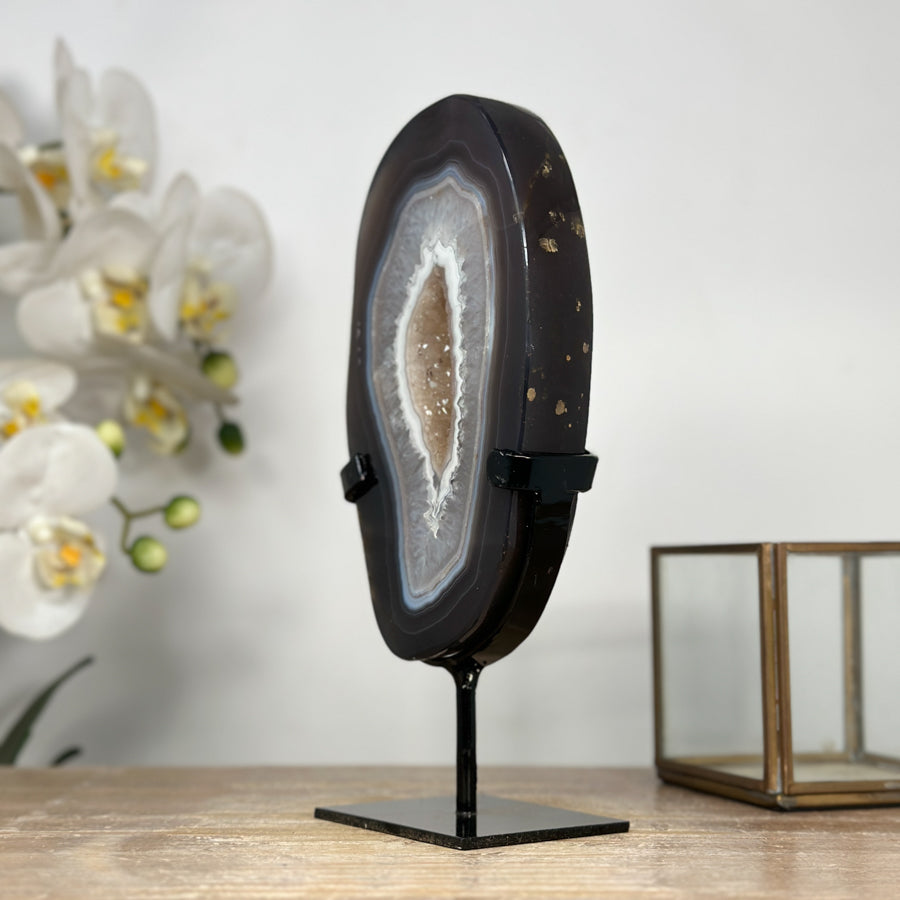 Blue Agate Polished Slice with Metal Stand – Uruguayan Gemstone for Shelf or Altar - MWS2002