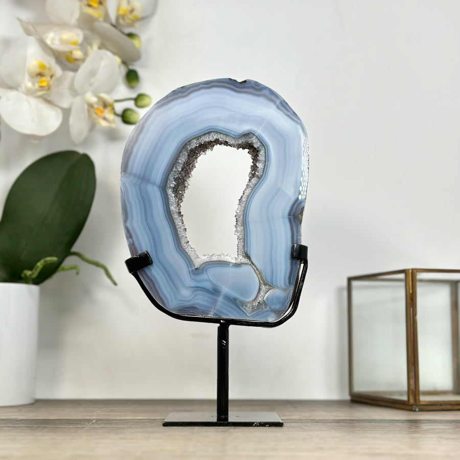 Natural Blue Banded Agate Portal with Metallic Stand - MWS2916