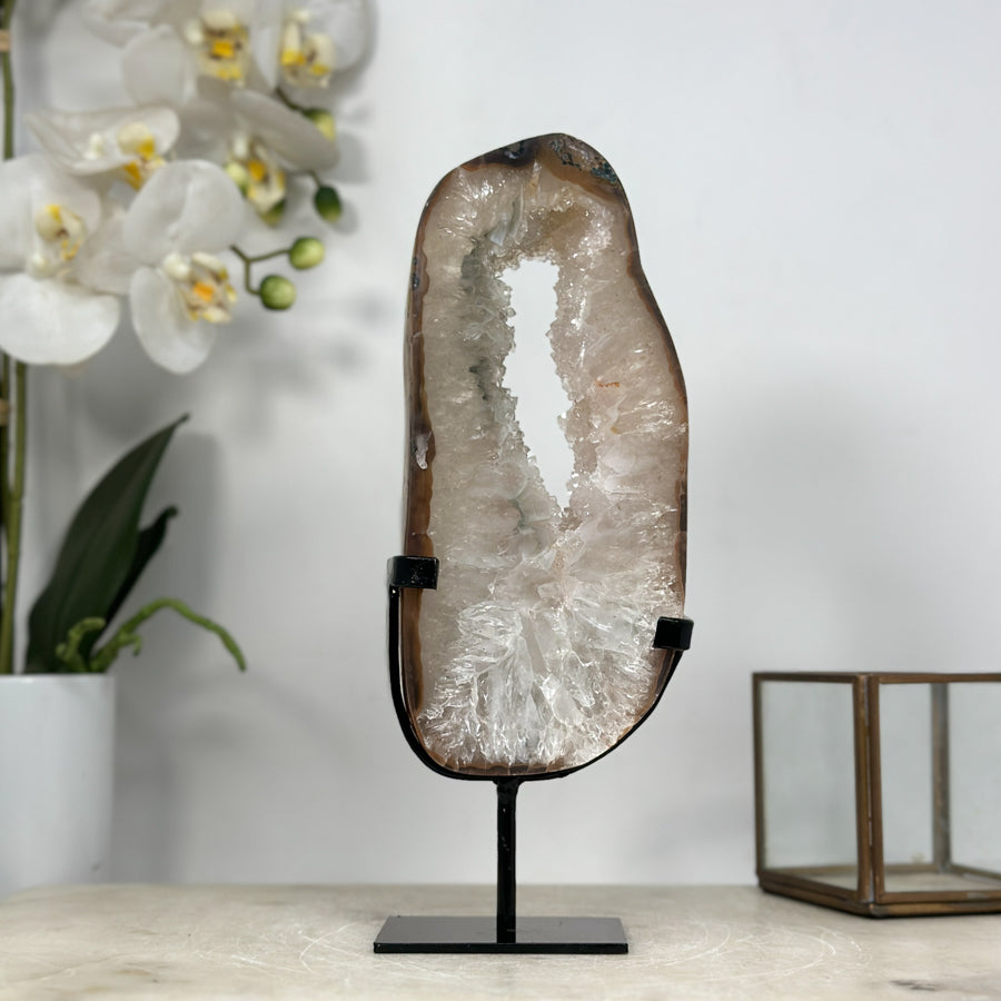 Beautiful Natural Quartz Geode Slice, Crystal Portal with Metallic Stand - MWS1953