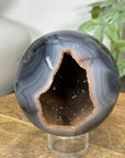 Blue Banded Agate Druzy Sphere Geode with Orange Tone Crystal Cavity - SPH0152
