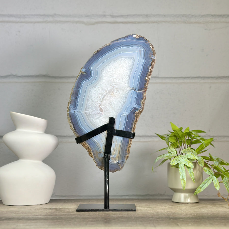 XXL Natural Blue Banded Agate &amp; Quartz Stone Slice on Stand - MWS3042