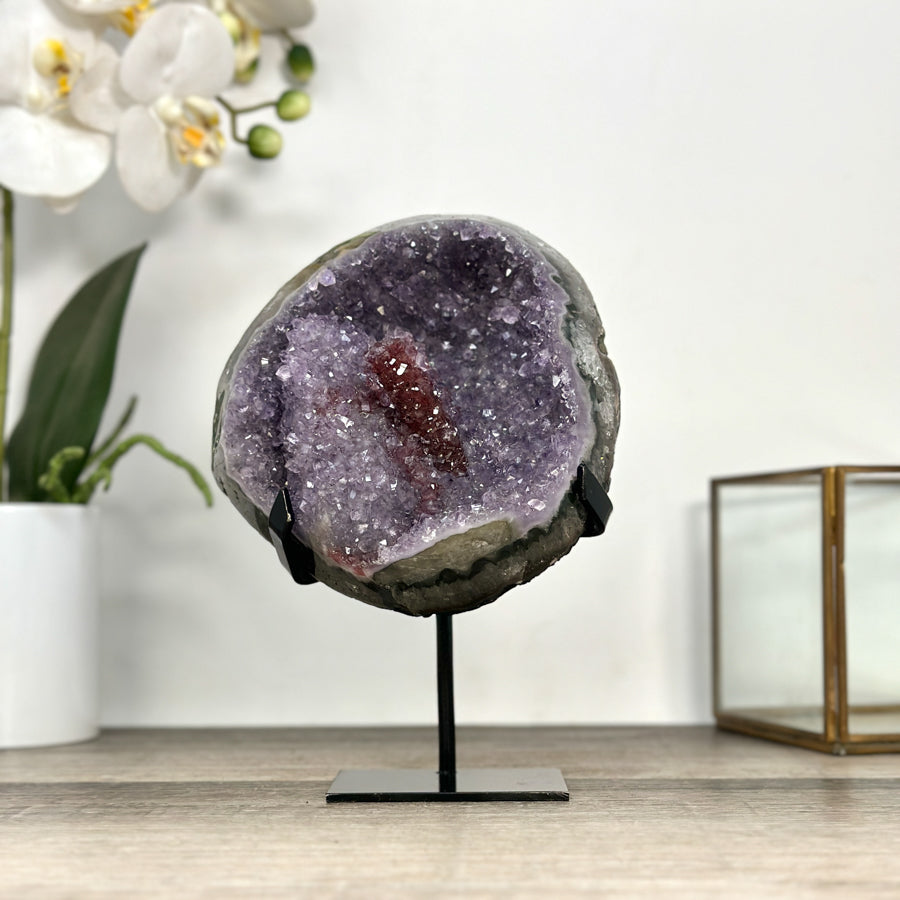 Amethyst Geode on Stand with Red Hematite &amp; Calcite Formation