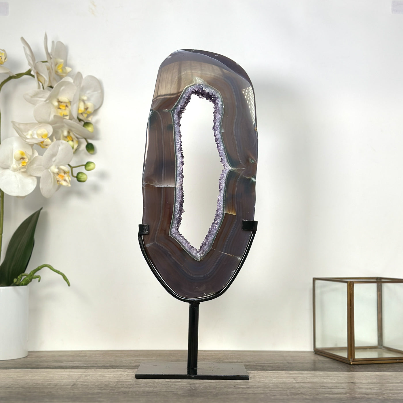 Agate Slice with Amethyst Crystals on Stand for Home Decor Display - MWS2674