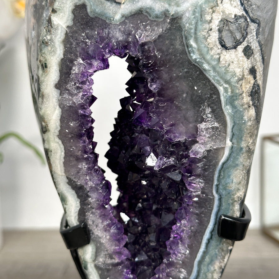 Deep Purple Amethyst Geode on Metal Stand – Stunning Crystal Formation for Shelf Display - MWS2701