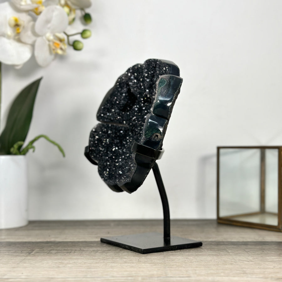 Natural Black Agate Druzy Clover Carving on Metal Stand - MWS2773