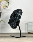 Natural Black Agate Druzy Clover Carving on Metal Stand - MWS2773