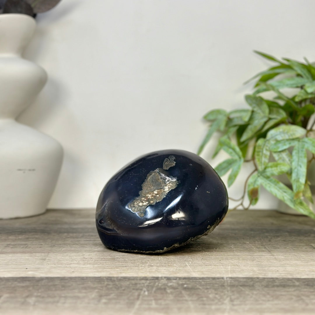 Polished Agate Stone Geode with Black Quartz Druzy - STGE0059