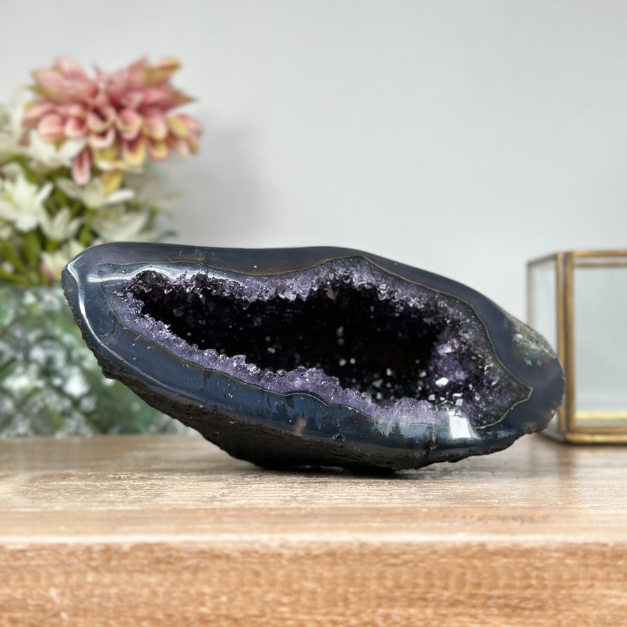 Amethyst &amp; Agate Stone Geode with Crystal Cavity - STGE0004