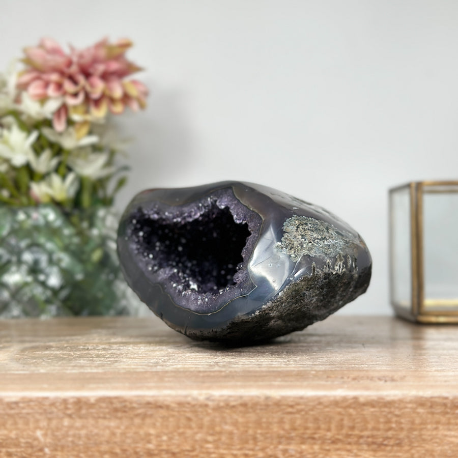 Amethyst &amp; Agate Stone Geode with Crystal Cavity - STGE0004