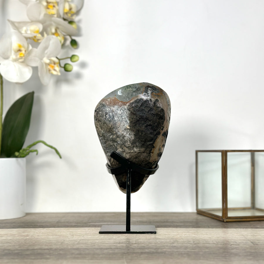 Polished Green Sugar Quartz Specimen on Black Metal Stand - MWS2726