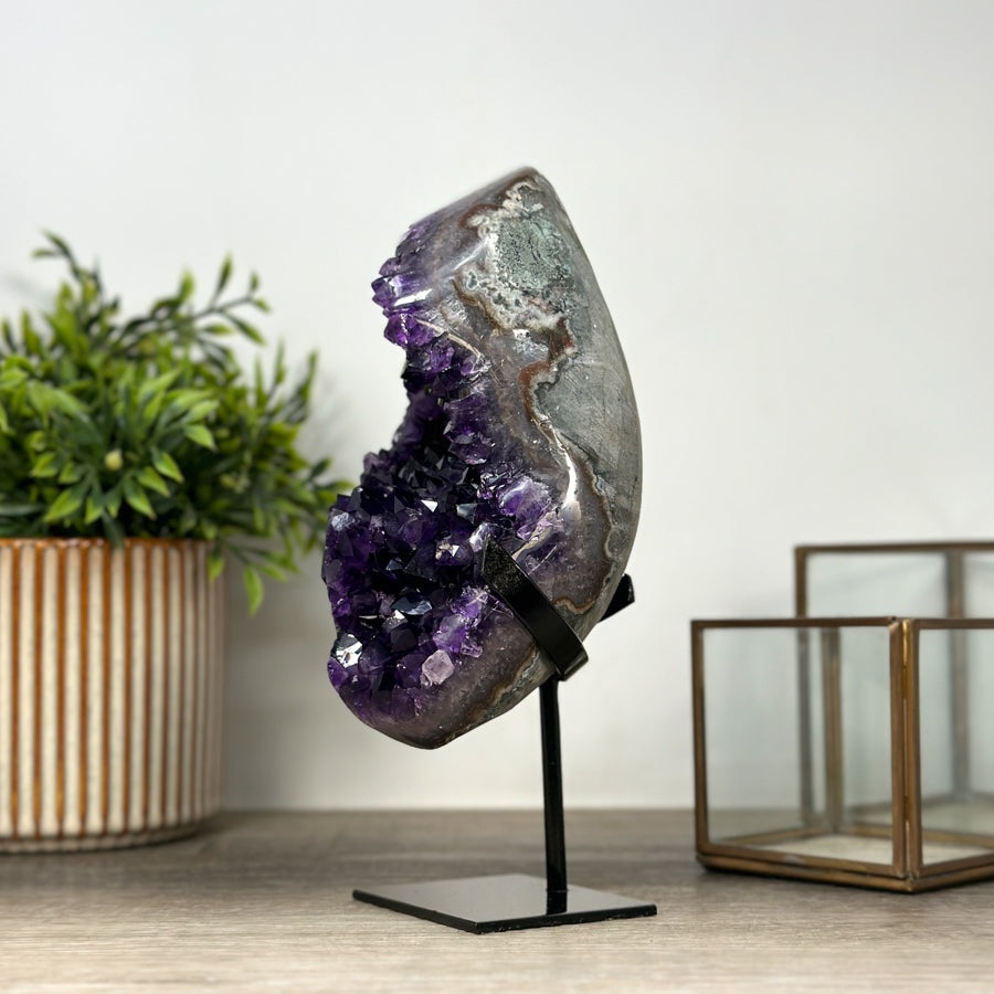 Natural Amethyst Crystal Geode, Metallic Stand Included - MWS2157