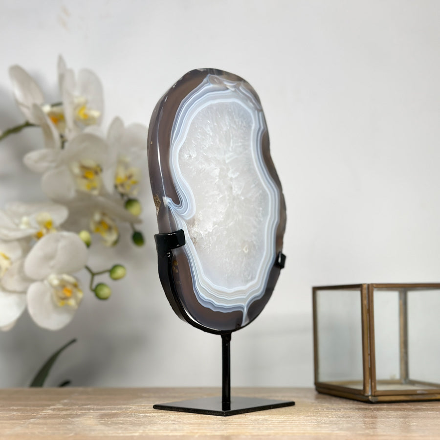 Blue Agate &amp; Quartz Slice with Base – Polished Uruguayan Gemstone for Desk or Studio - MWS2008