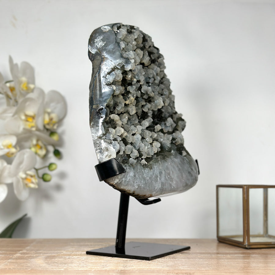 Unique Green Tone Sugar Quartz Geode with Calcite Inclusion - MWS1823