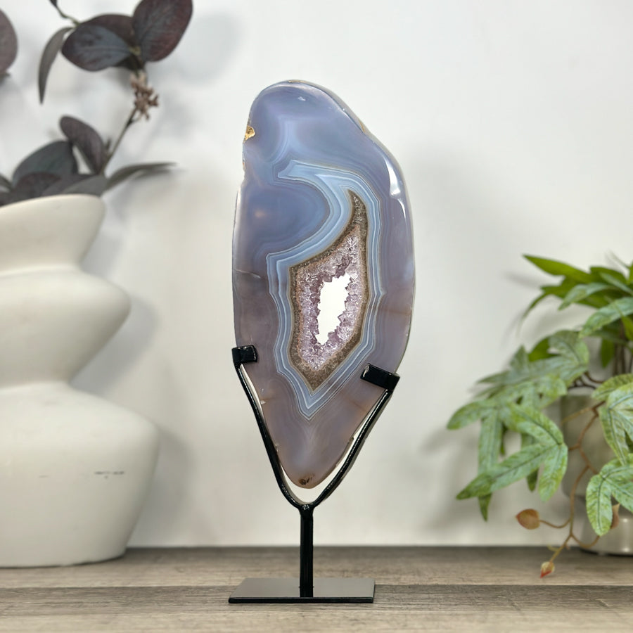 Blue Banded Agate &amp; Amethyst Geode Slice Portal - MWS3248