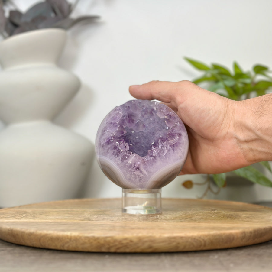 Amethyst &amp; Blue Banded Agate Sphere Geode with Crystal Cavity - SPH0177