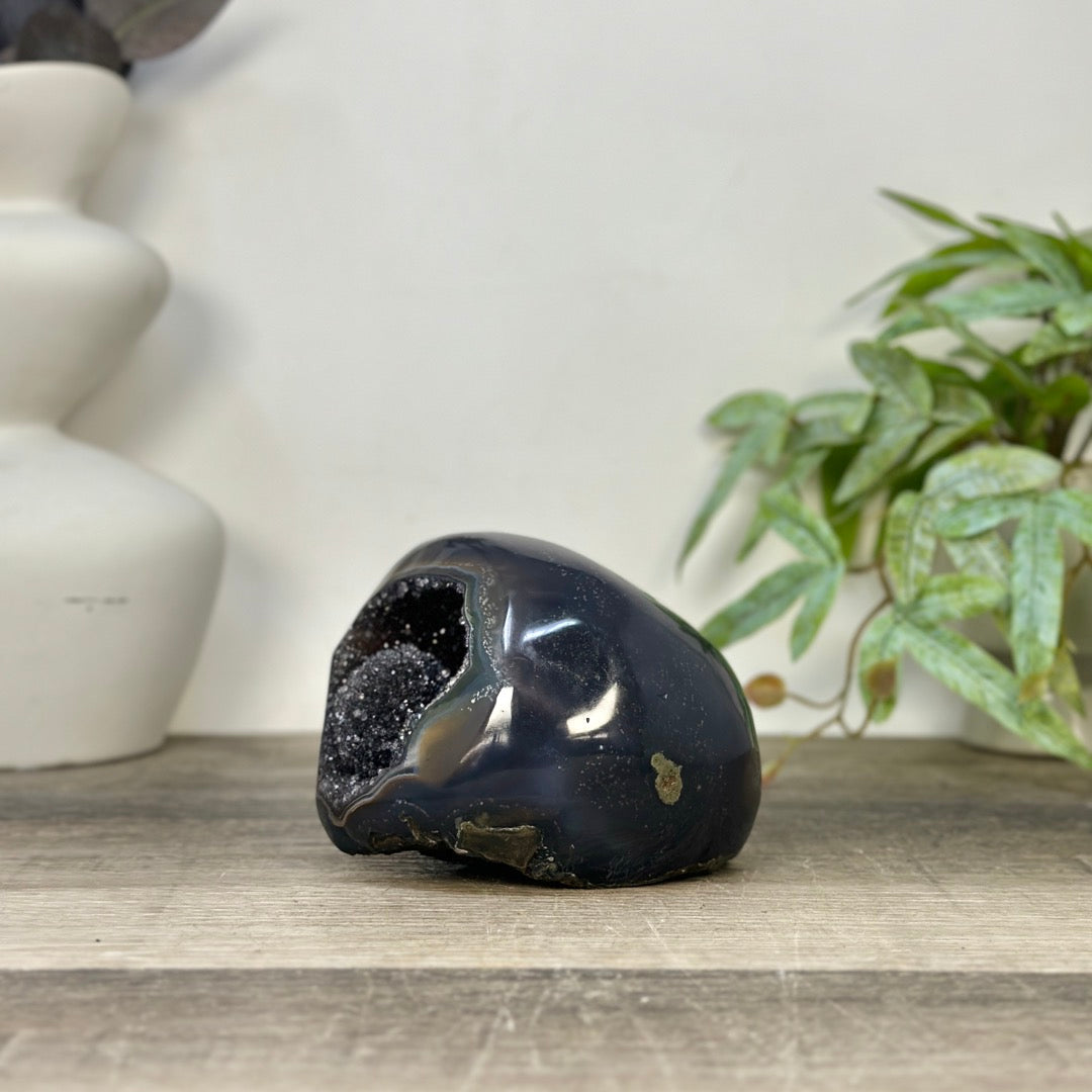 Polished Agate Stone Geode with Black Quartz Druzy - STGE0059