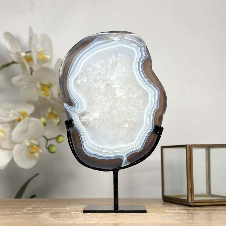 Blue Agate &amp; Quartz Slice with Base – Polished Uruguayan Gemstone for Desk or Studio - MWS2008