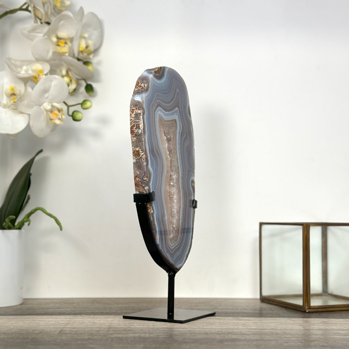 Blue Banded Agate Slice on Stand – Home Decor Display Specimen - MWS2663