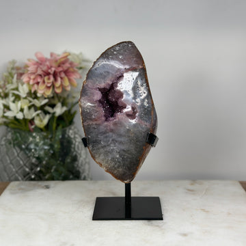 Natural Pink Amethyst & Quartz Geode, Ready to Display on Metal Stand - MWS0738