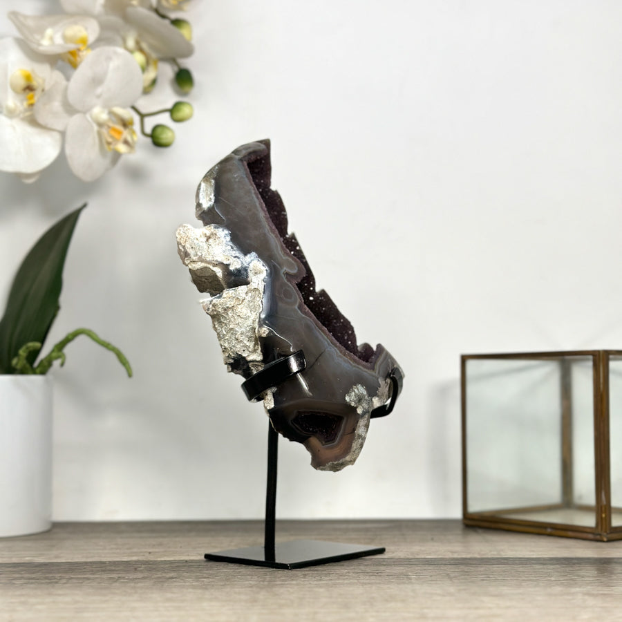 Agate &amp; Amethyst Stone Leaf Carving on Metal Stand - MWS2810