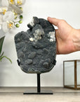 Black Amethyst Crystal Specimen with Calcite Formations on Metal Stand - MWS2871