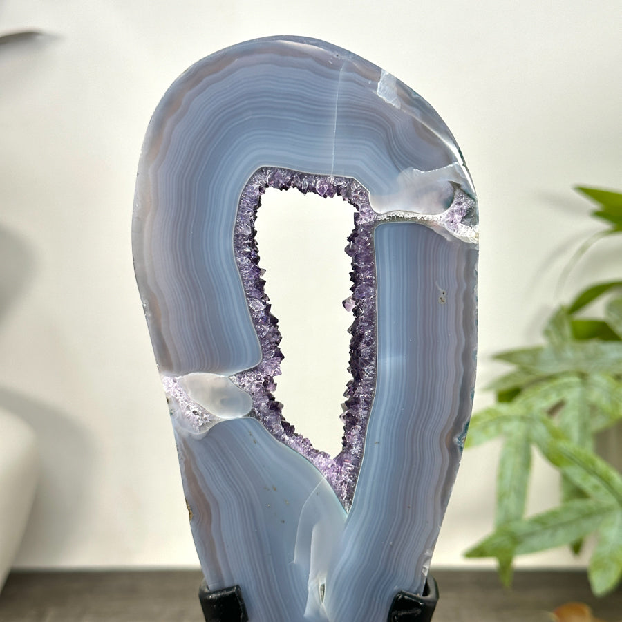 Natural Blue Banded Agate &amp; Amethyst Geode Portal with Stand - MWS3242