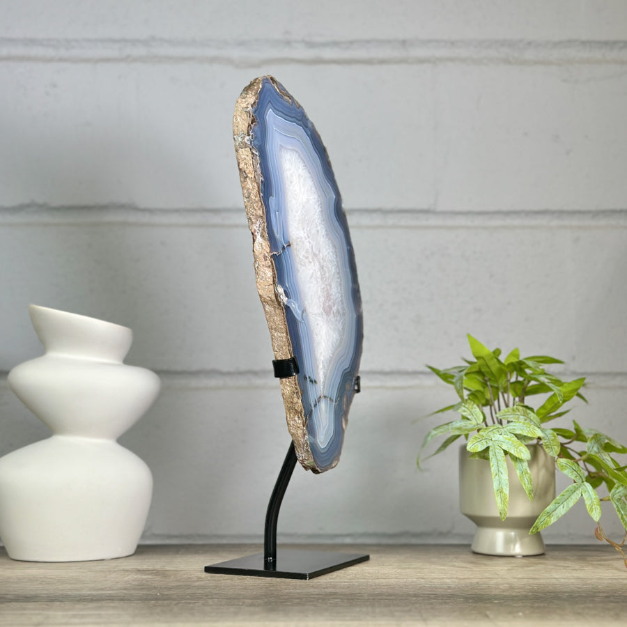 XXL Natural Blue Banded Agate &amp; Quartz Stone Slice on Stand - MWS3042