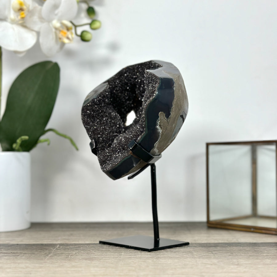 Natural Druzy Quartz Geode in Stand – Unique Black Crystal Display Piece - MWS2897