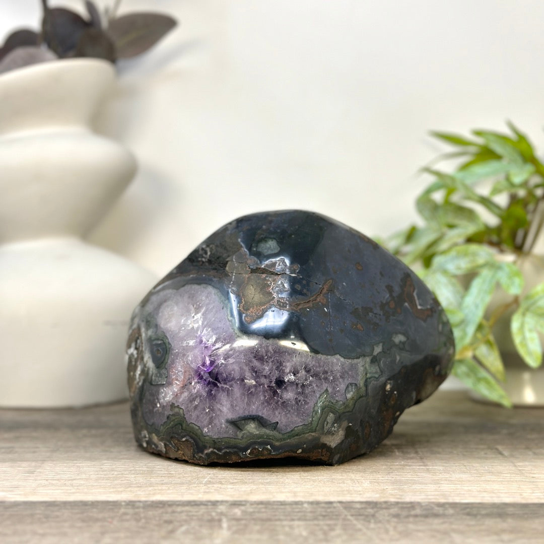 Natural Deep Purple Amethyst Geode with Calcite Inclusion - STGE0052