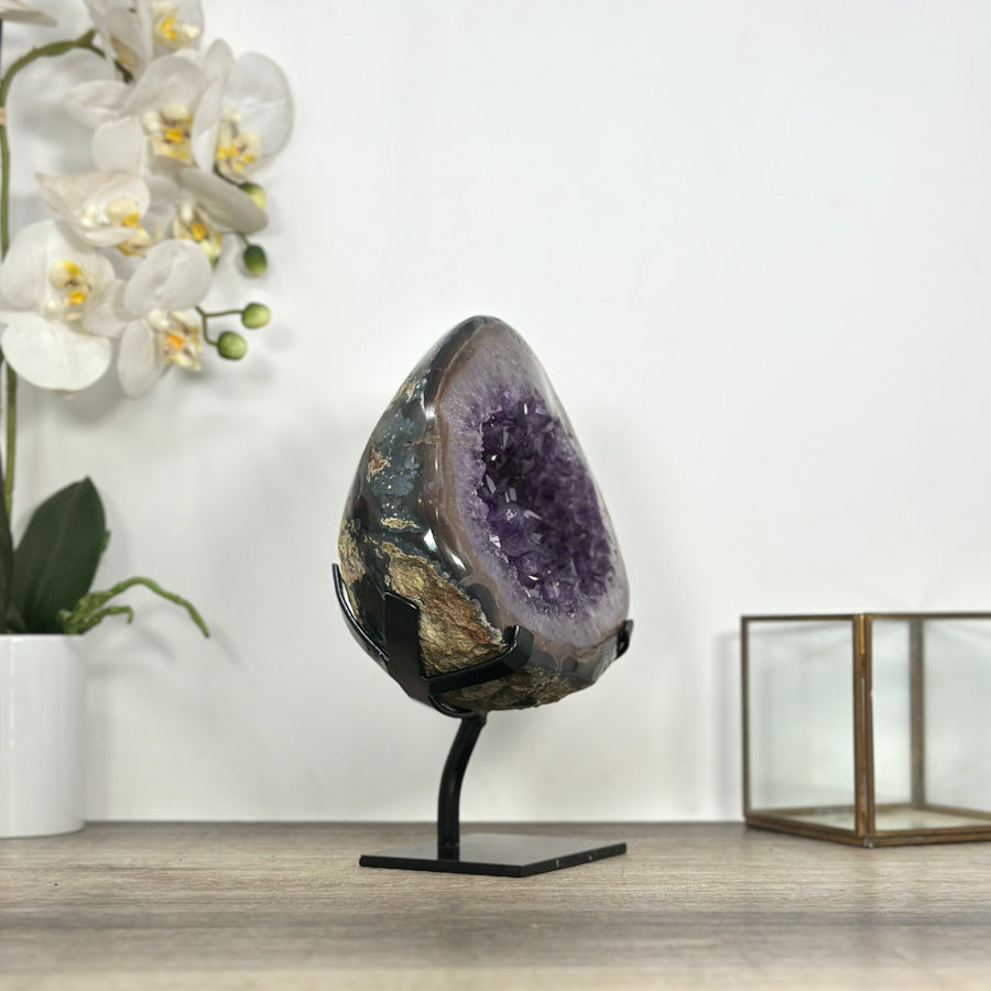 Natural Amethyst Geode with Polished Agate Shell - Stand Included - MWS3034