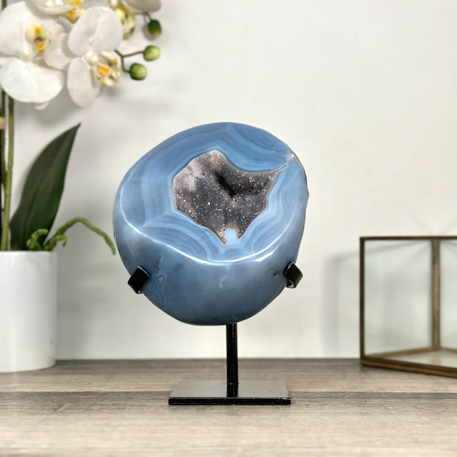 Blue Agate Geode With Crystal Center on Metal Stand - MWS2767