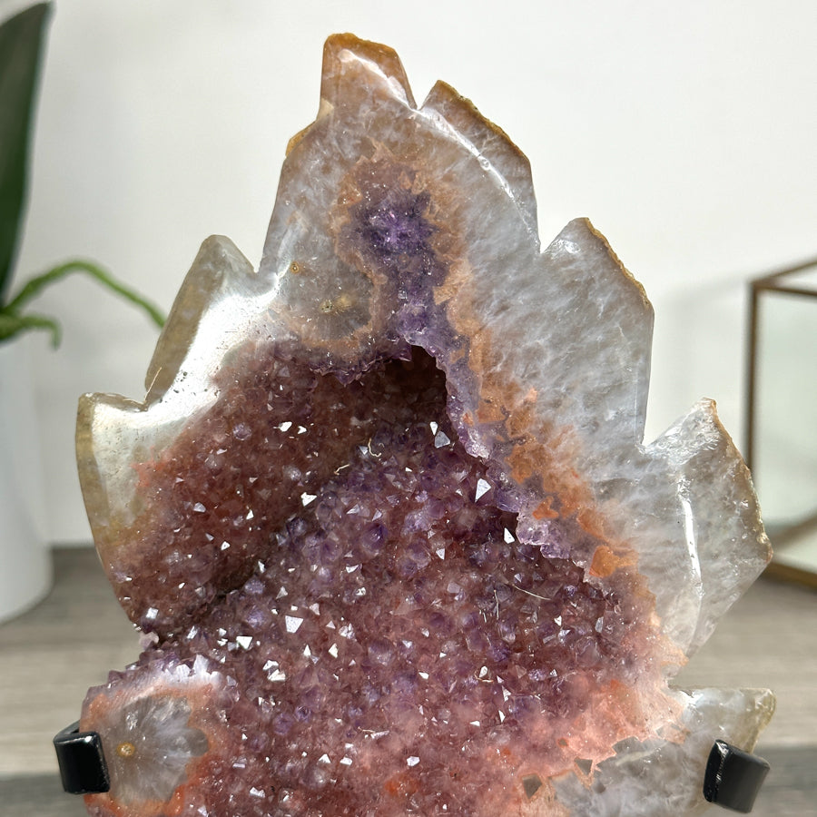 Pink Amethyst Stone Leaf Carving - Metal Stand Included - MWS2805
