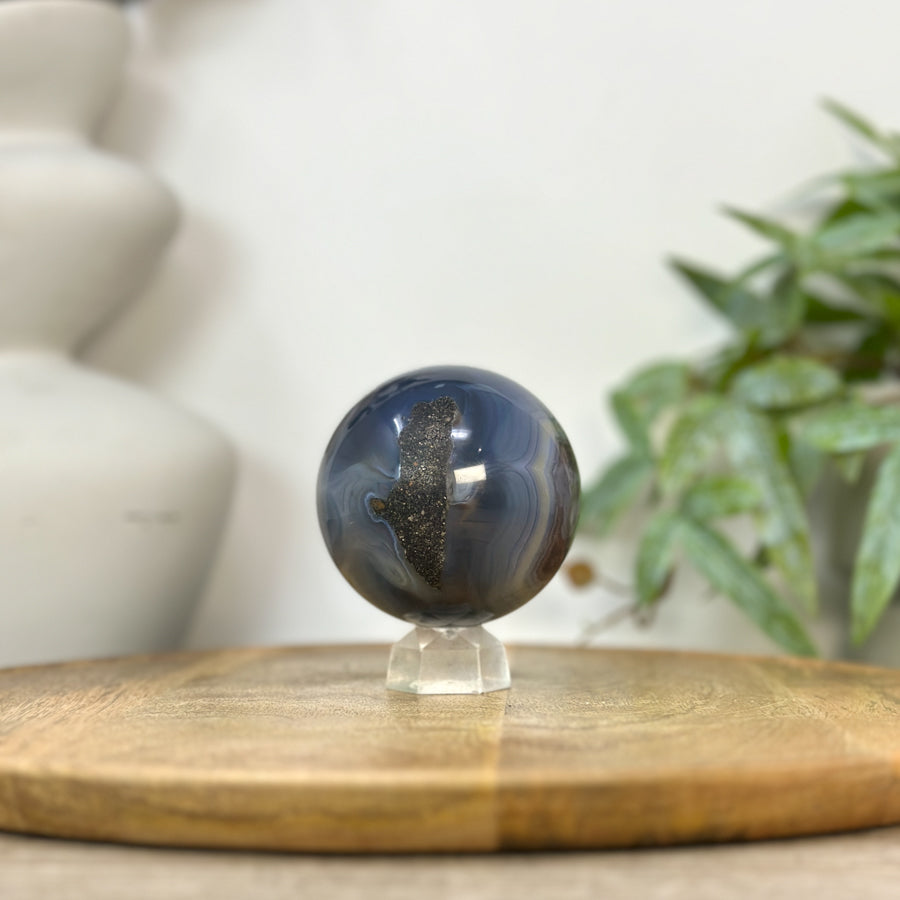 Amethyst &amp; Banded Agate Sphere Geode with Druzy Interior - SPH0219