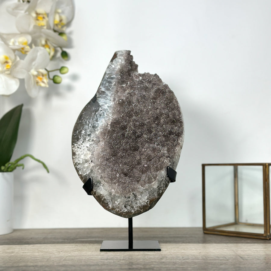 Smoky Sugar Quartz Geode on Metal Stand – Unique Crystal for Office Decor - MWS2740