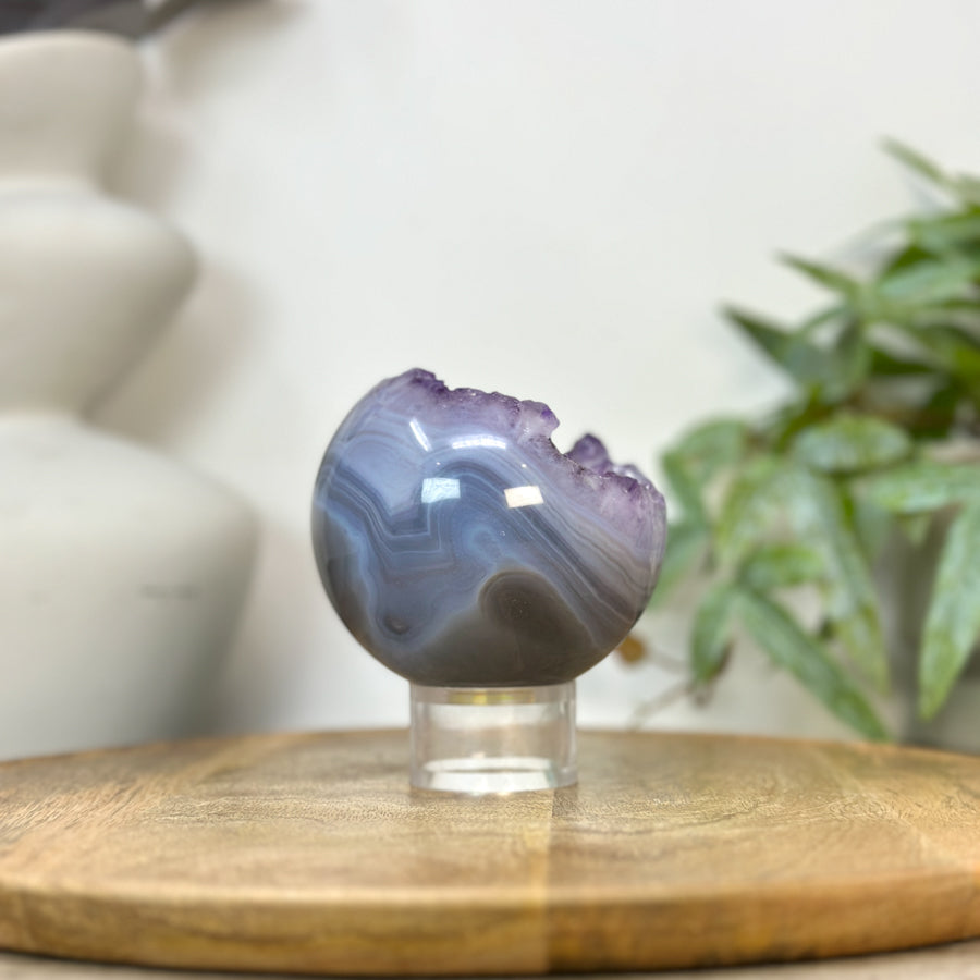 Amethyst &amp; Banded Agate Sphere Geode with Druzy Interior - SPH0234