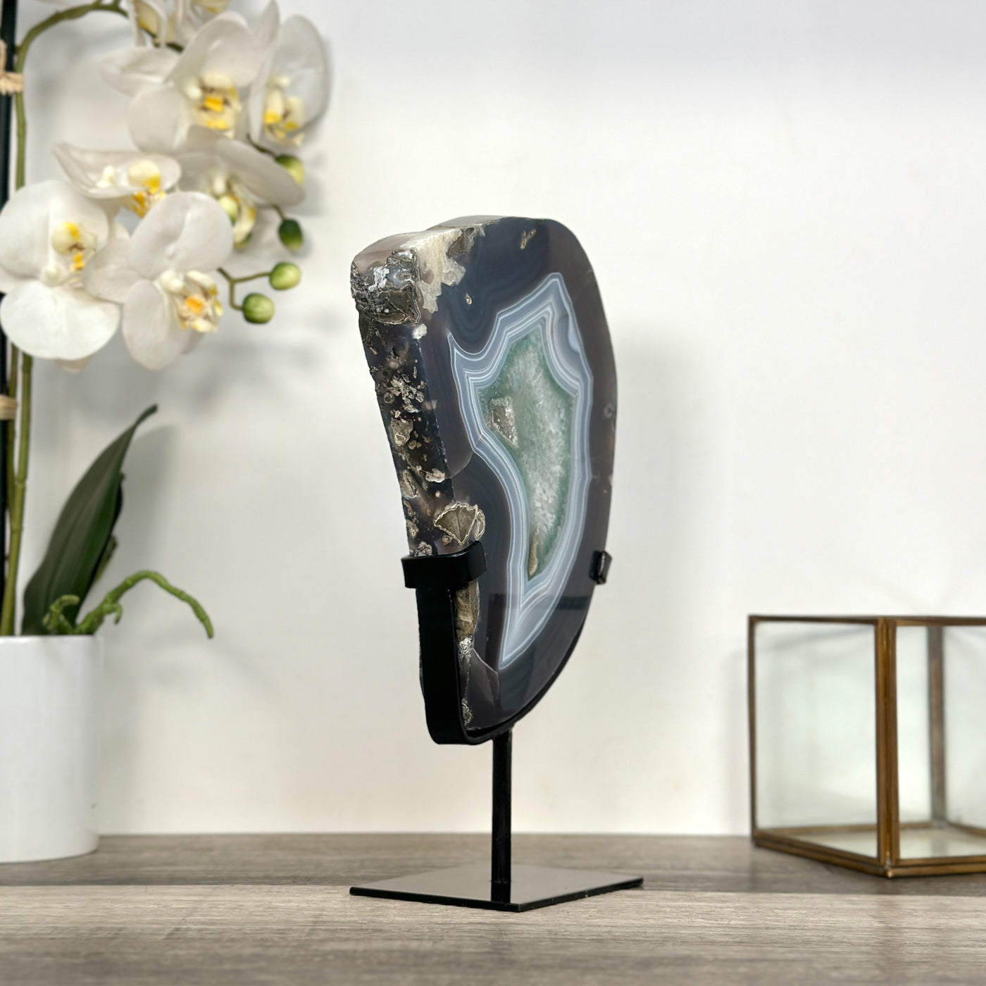 Agate Slice with Blue Bands and Crystalline Center for Home Decor Display - MWS2660